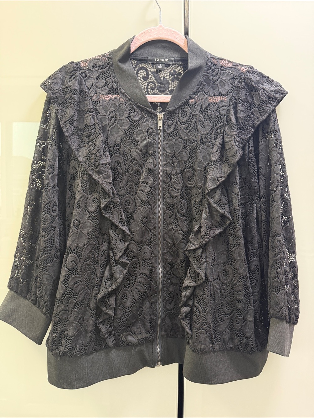 torrid Black Lace Ruffle Bomber Jacket with Sheer Floral Lace